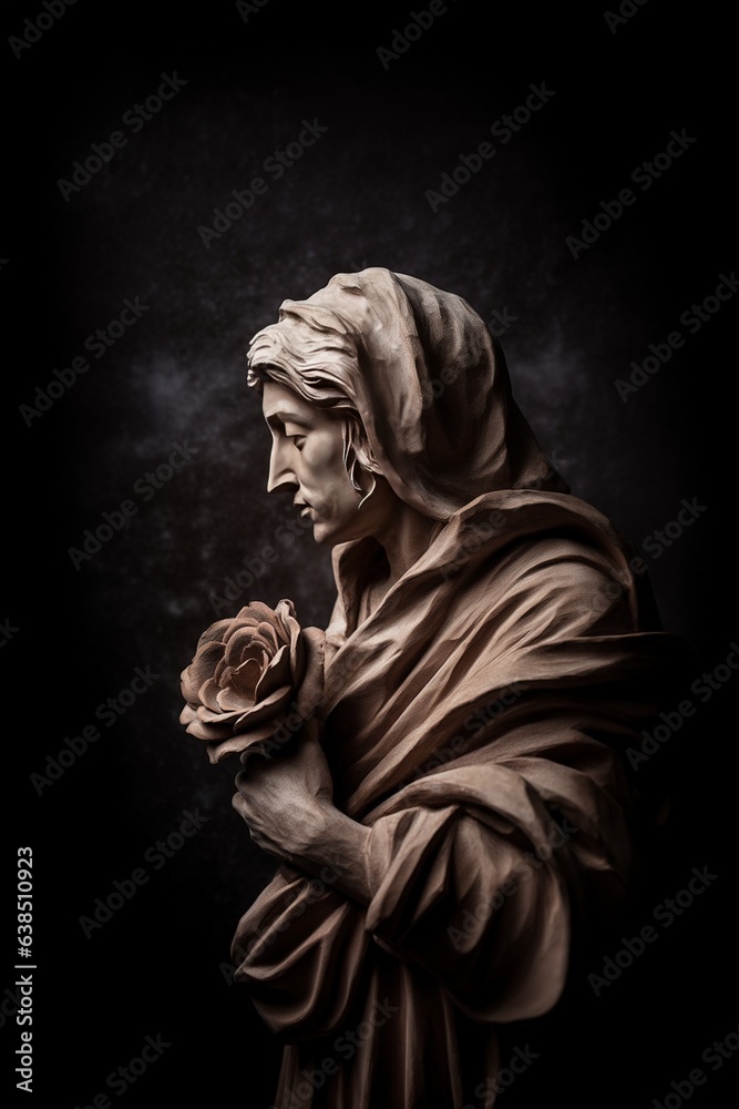 Generative AI, Photorealistic antique sculpture and flowers, muted neutral colors, 3d style ceramic statue