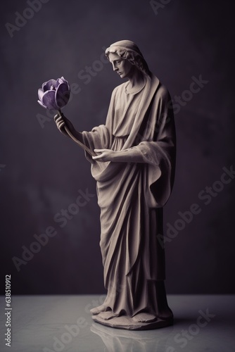 Generative AI, Photorealistic antique sculpture and flowers, muted neutral colors, 3d style ceramic statue