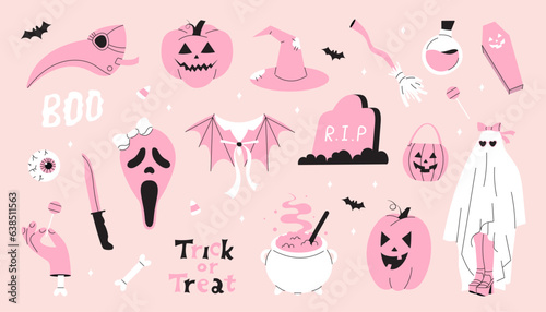 Pink set of Halloween different stickers. Isolated decorative elements in hand-drawn style ghost, mask, knife, witch's cauldron, eye, pumpkin, bat. Vector stock illustration on a pink background.