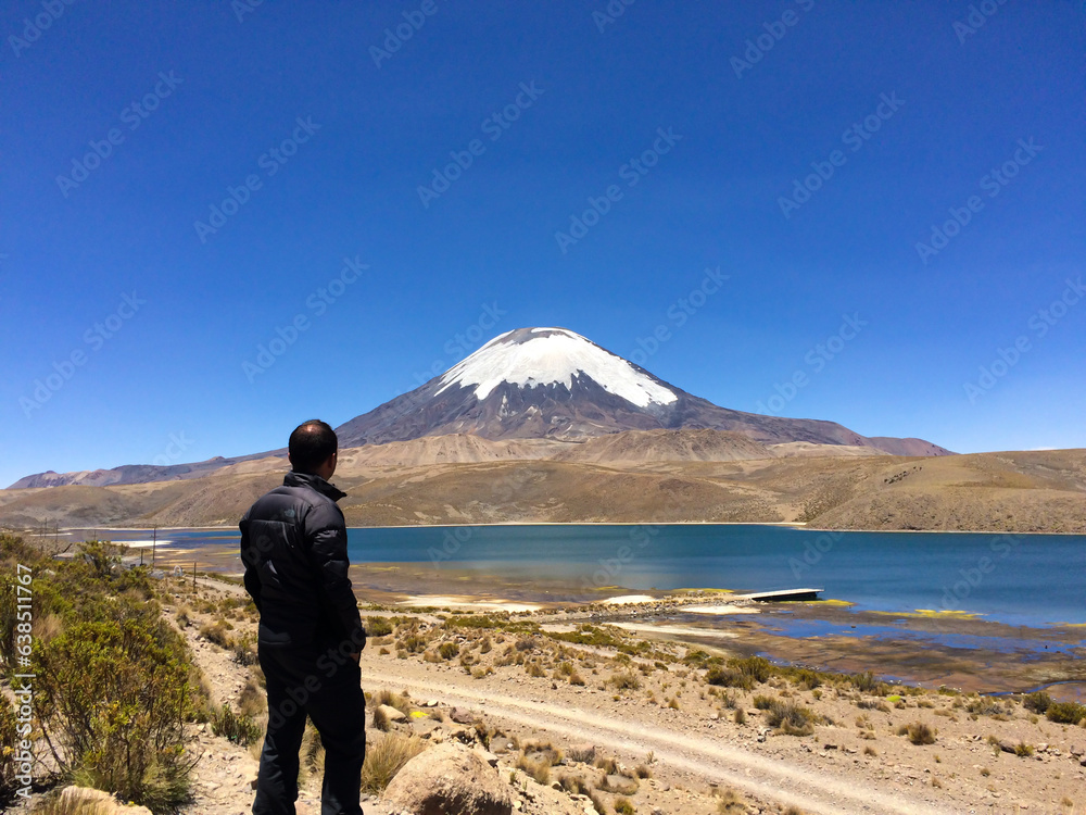 Lone man looking at a snowcapped volcano in the Atacama altiplano, Chile.