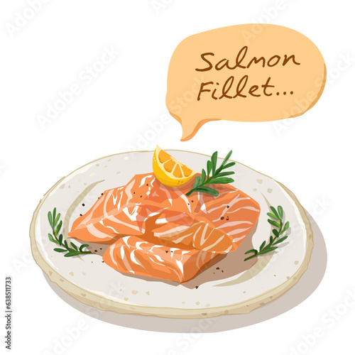 Ripe Salmon fillet on crockery plate vector food illustration flat design