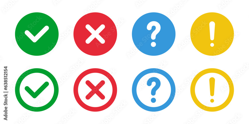 Green check and red cross symbols, blue question marks, and yellow exclamation point vector sign symbol Green check and red cross symbols, blue question marks, and yellow exclamation point vector sign symbol