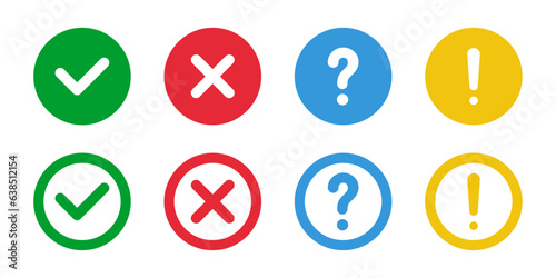 Green check and red cross symbols, blue question marks, and yellow exclamation point vector sign symbol