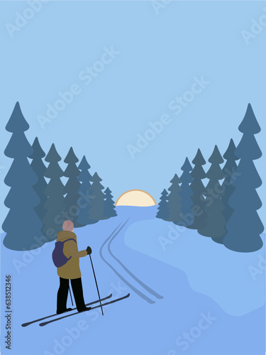 Winter sunset skiing – peaceful forest landscape