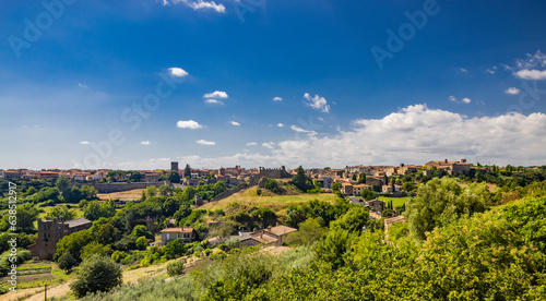 Tuscania, Viterbo, Lazio. A view of the ancient medieval village of Tuscania, city of the Etruscans, from the top of the hill that rises in front of the city. Green countryside, rich in vegetation.