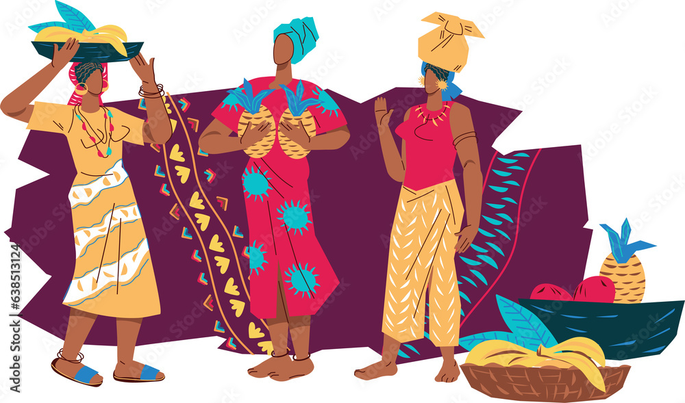 African women at decorative backdrop for travel and culture banners, flat illustration. African women for banner or poster to introduce African traditions and travel advertising.
