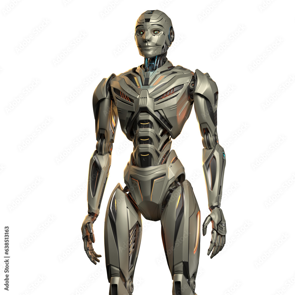 3d rendering of detailed futuristic robot man or humanoid cyborg. Upper front body isolated on transparent background