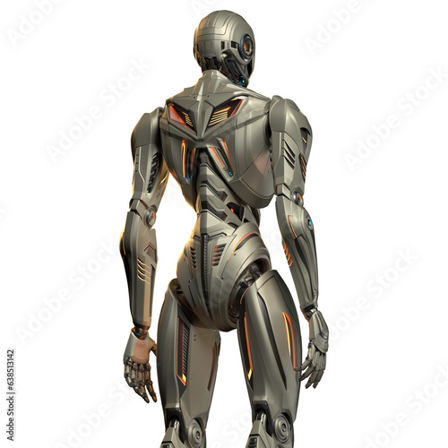 3d rendering of detailed futuristic robot man or humanoid cyborg. Upper back view isolated on transparent background
