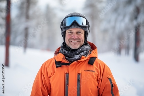 Portrait of a smiling senior man in ski suit outdoor in winter