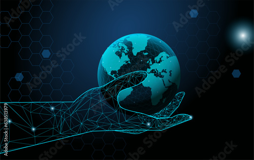 3D Futuristic low poly hand holding the globe in te space, concept of global control.