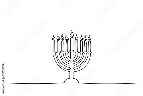 Hanukkah menorah one continuous line banner template. Jewish traditional candle holder with lights. Minimal Chanukah background with copy space. Vector illustration isolated on white