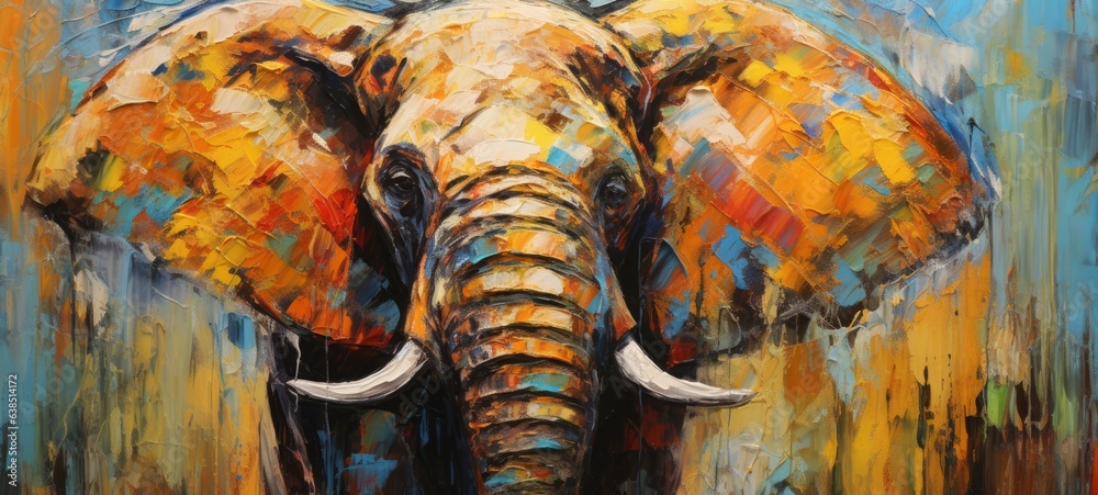 Fototapeta Animal head, portrait, art - Colorful abstract oil acrylic painting of colorful elephant, pallet knife on canvas (Generative Ai)