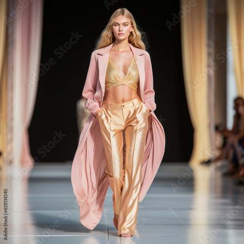 Woman on a catwalk presenting pink and gold clothes