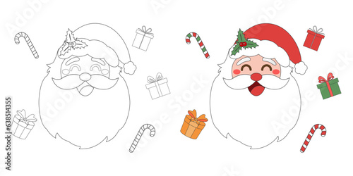 Fototapeta Naklejka Na Ścianę i Meble -  Christmas gift box with Santa Claus, Christmas theme line art doodle cartoon illustration, Coloring book for kids, Merry Christmas.