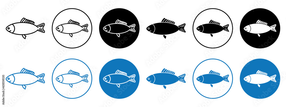 Fish icon set. salmon, trout, or tuna fresh fish vector symbol in black and blue color.