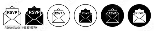 RSVP icon set. invitation envelope vector symbol. party invite email sign in black filled and outlined style. photo