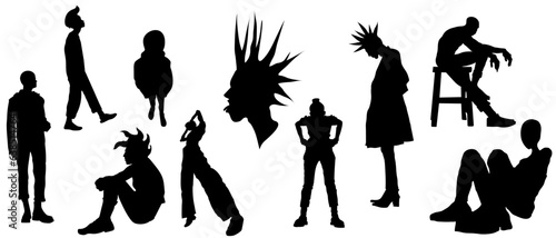 Punk Humans Silhouette set, vector isolated set