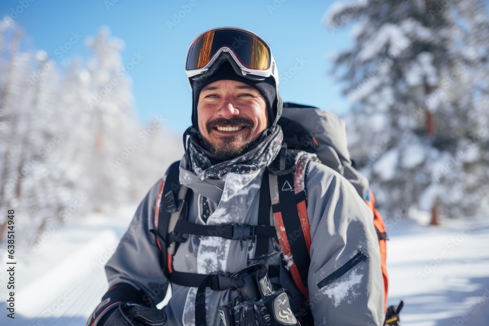 Portrait of a happy male skier smiling in winter forest.