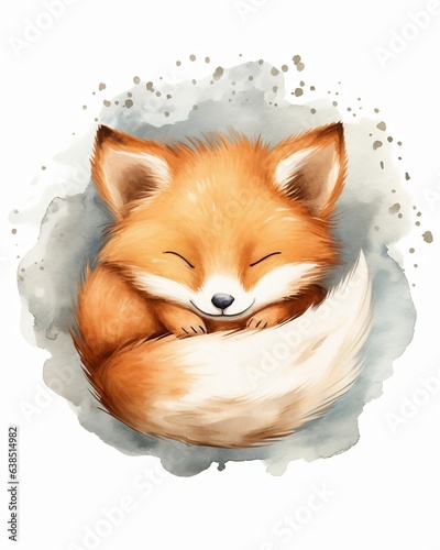 A cute baby red fox sleeping, happy smiling,crescent moon tail, watercolor. Isolated, baby room frame, nursery room frame. © Tam