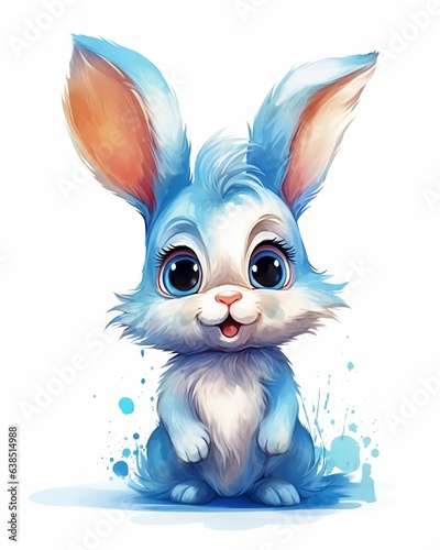 A cute baby rabbit, bunny, happy smiling, jumping, watercolor. Blue. Isolated, baby room frame, nursery room frame. AI generative