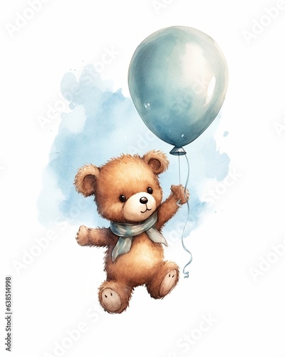 Foto A cute teddy bear with ballon, blue, watercolor, it's a boy