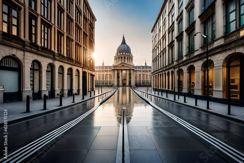 Alley with office buildings in modern Budapest area