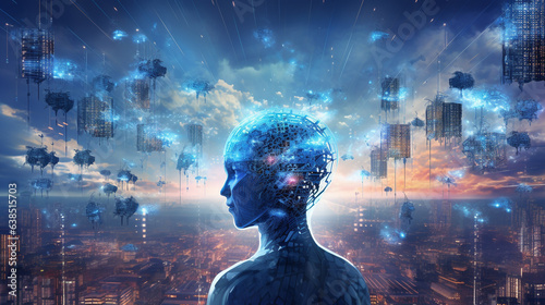 Human-Robot Unity: Ethereal Brain Network Interface in a Futuristic Urban Horizon, Symbolizing Wellness and Digital Innovation