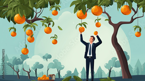 Cartoon businessman picking the low hanging fruit. Corporate metaphor