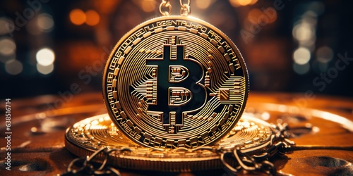 A golden bitcoin sitting on top of a wooden table. Digital image. Blockchain, decentralized currency. © tilialucida