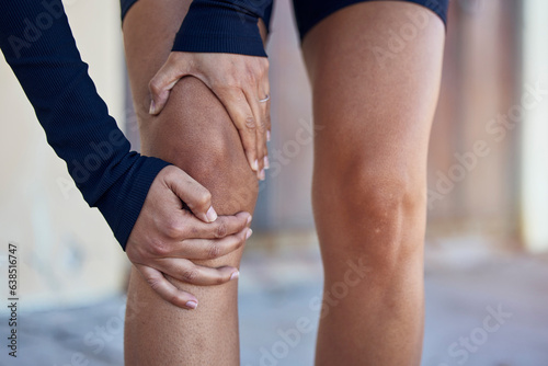 Knee, joint pain and cardio person tired from outdoor exercise, marathon race and hurt from fitness burnout. Legs injury, fatigue and runner sore from running, sports accident or bad training mistake