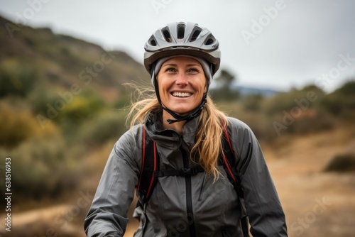 Portrait of smiling woman wearing helmet and looking at camera in countryside