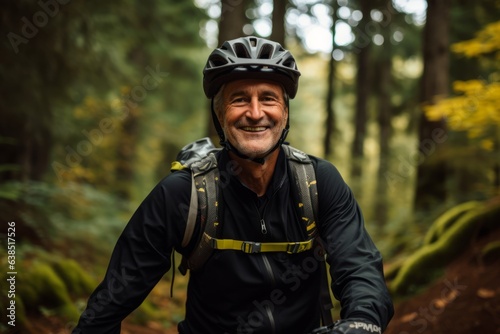 Smiling senior man with a backpack sitting on a mountain bike in the forest