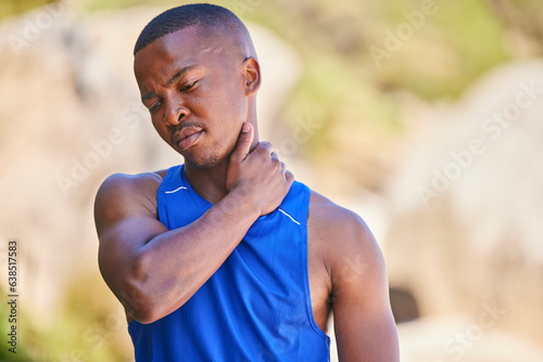 Neck pain, sport and black man outdoor, accident and fitness exercise in training workout. Body, injury and arthritis of athlete, muscle problem or fibromyalgia in medical emergency for osteoporosis