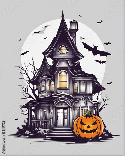 Halloween pumpkin ghost house with bat illustration art for t-shirt