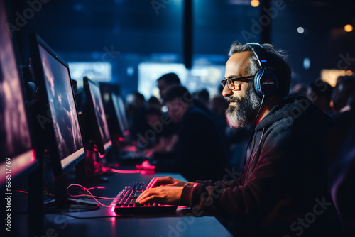 Man behind computer playing game, hacking, hackaton photo