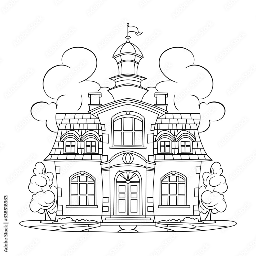 Hand drawn vector outlined cartoon style school building.