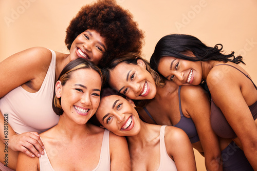 Beauty, diversity and portrait of women happy with makeup for cosmetic skincare isolated in studio brown background. Skin, aesthetic and young friends together for self care, dermatology and support