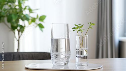 Pure Hydration: Glass and Carafe of Fresh Water with Plants on Kitchen Counter