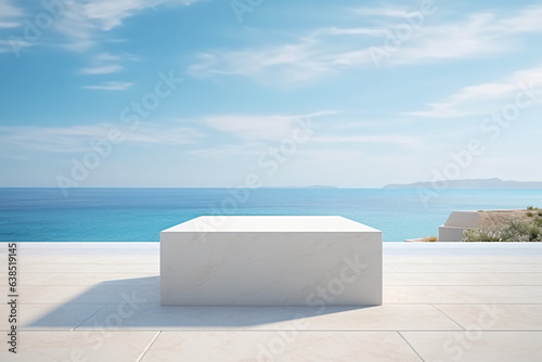 White marble podium with sea view on background. High quality photo