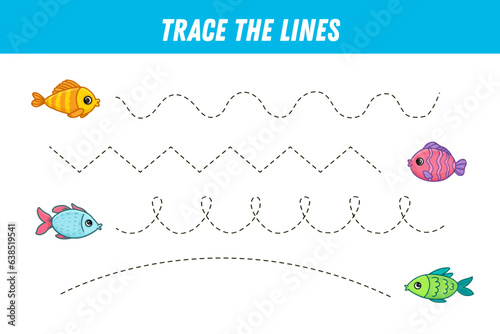 Tracing lines for kids. Cute fish. Cartoon fishes. Handwriting practice. Educational game for preschool kids. Activity page. Vector illustration. 