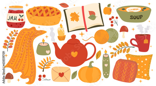 Autumn set of cozy elements: food, drinks, candles, decor