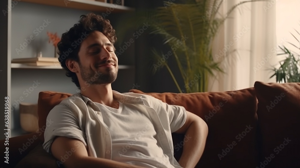 Fototapeta premium Satisfied handsome young man relaxing on sofa at home in living room, resting after a hard day work, closed eyes, stretch the body, smiles happily. Relaxation, self care, enjoy life concept