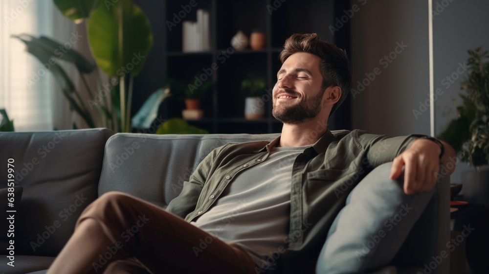 Satisfied handsome young man relaxing on sofa at home in living room, resting after a hard day work, closed eyes, stretch the body, smiles happily. Relaxation, self care, enjoy life concept
