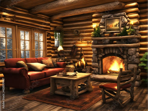 Rustic winter cabin, cozy interior, stone fireplace, holiday decorations, log cabin, warm winter ambiance, Generative AI