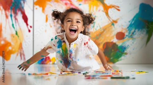 Fotografia Little girl playing with colors on bright blur home background, creative children concept, with copy space