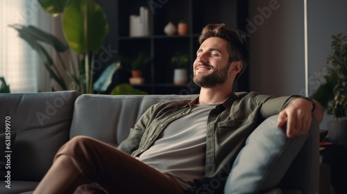 Satisfied handsome young man relaxing on sofa at home in living room, resting after a hard day work, closed eyes, stretch the body, smiles happily. Relaxation, self care, enjoy life concept © JW Studio