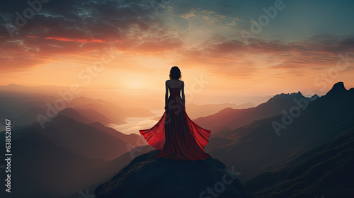 Silhouette of a beautiful woman in a red dress standing on a mountain with a sunset background, vistas, romantic landscape