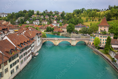 View of Old Town and the emerald-colored Aare River in Bern, the capital of Switzerland 