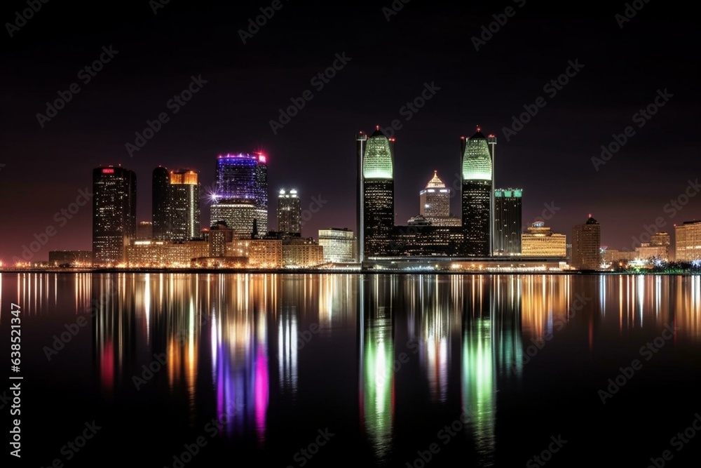 Nighttime view of Detroit skyline with dazzling lights. Generative AI