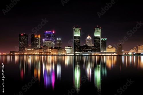 Nighttime view of Detroit skyline with dazzling lights. Generative AI